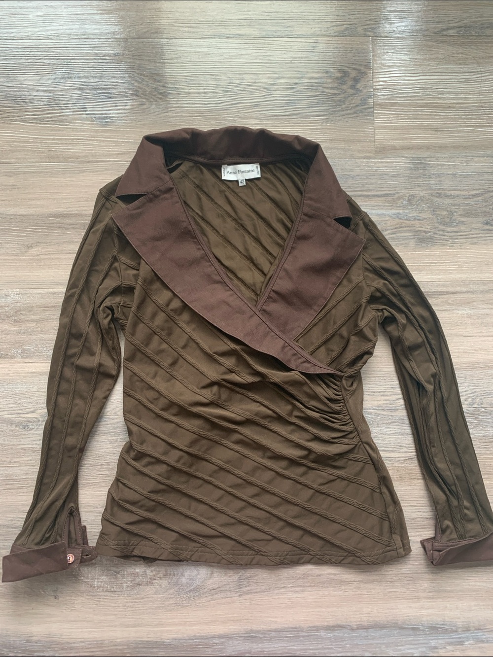 Anne Fontaine Brown Diagonal-Rib Wrap Blouse Romy Size 42
